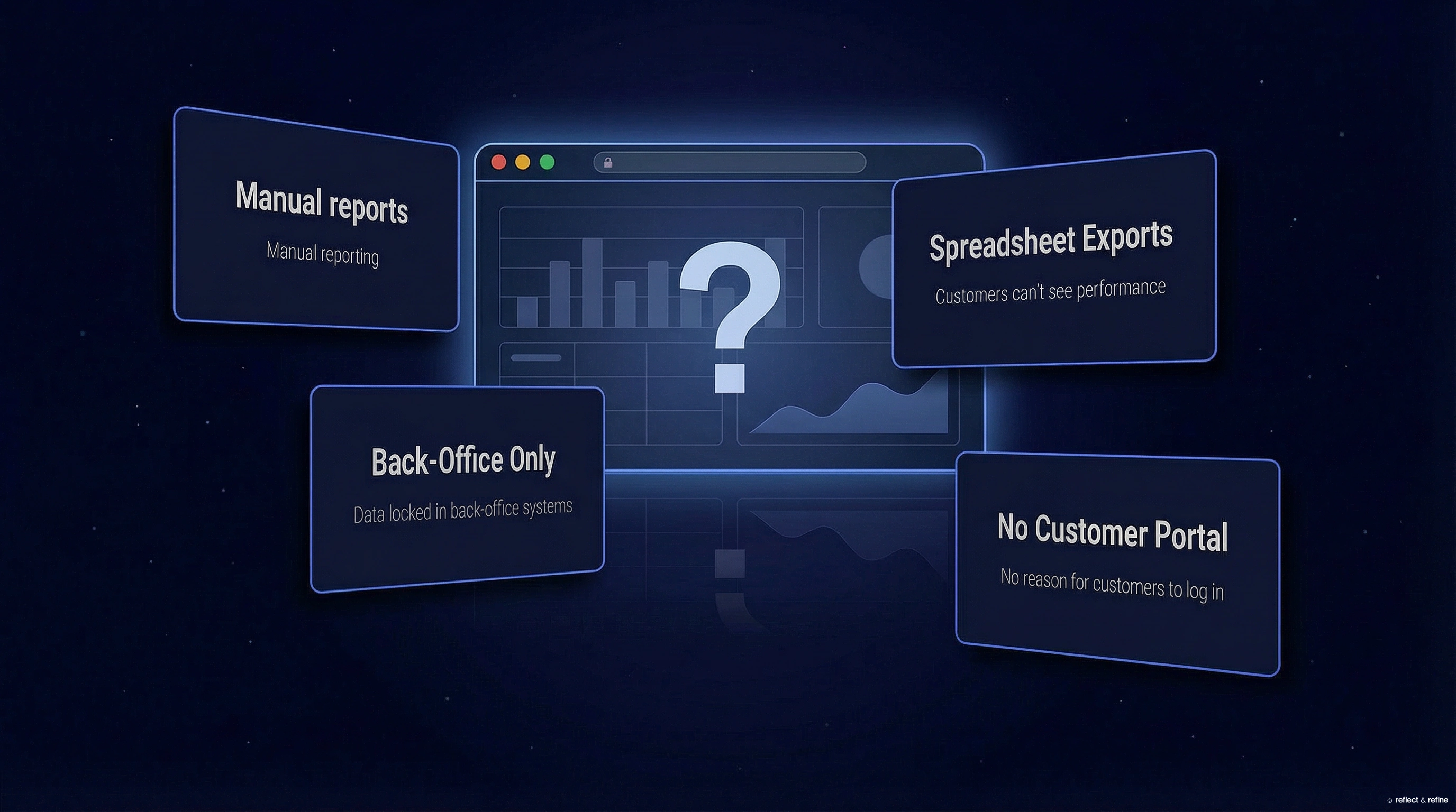 Abstract concept of disconnected data blocks and manual reporting, suggesting the challenge of no customer-facing tracking.