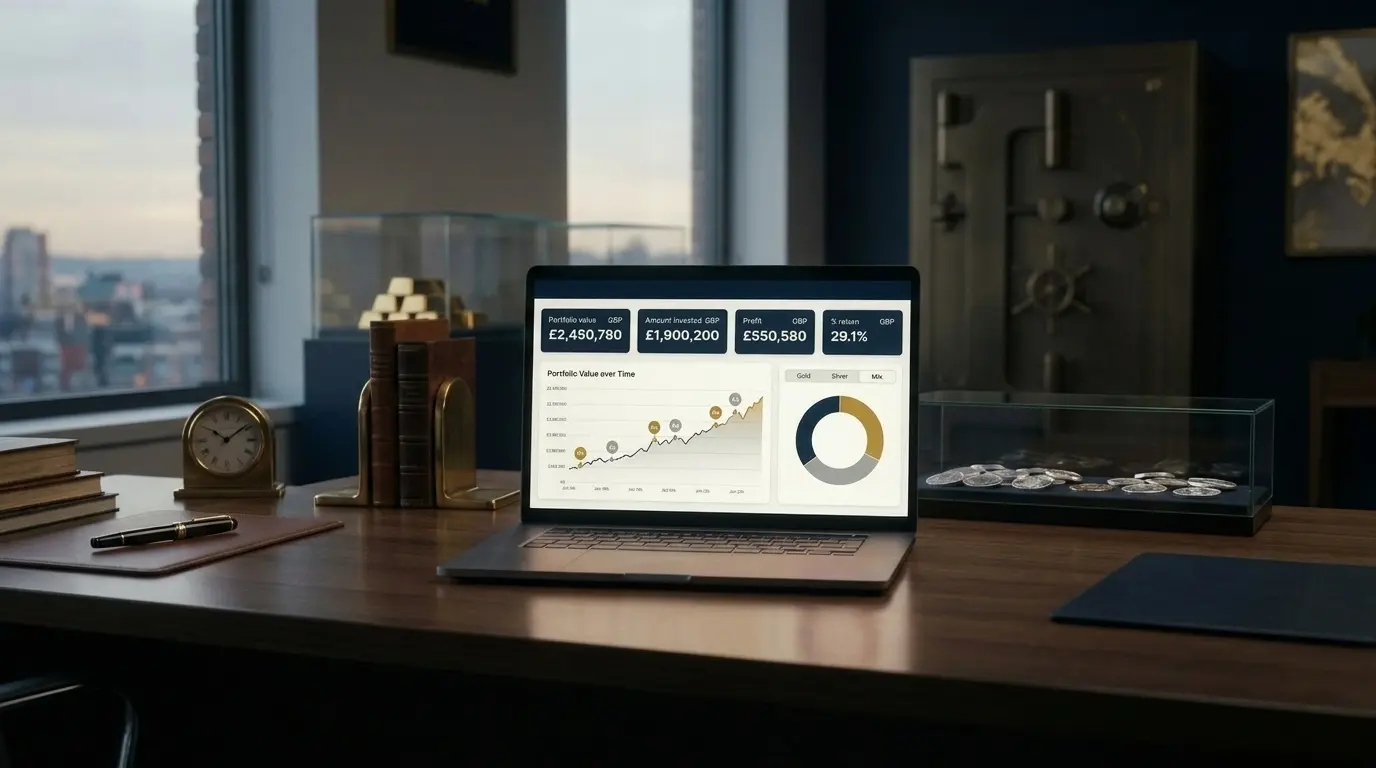 Browser window showing a portfolio performance dashboard with summary cards, line chart and navigation; reflection fades out below.